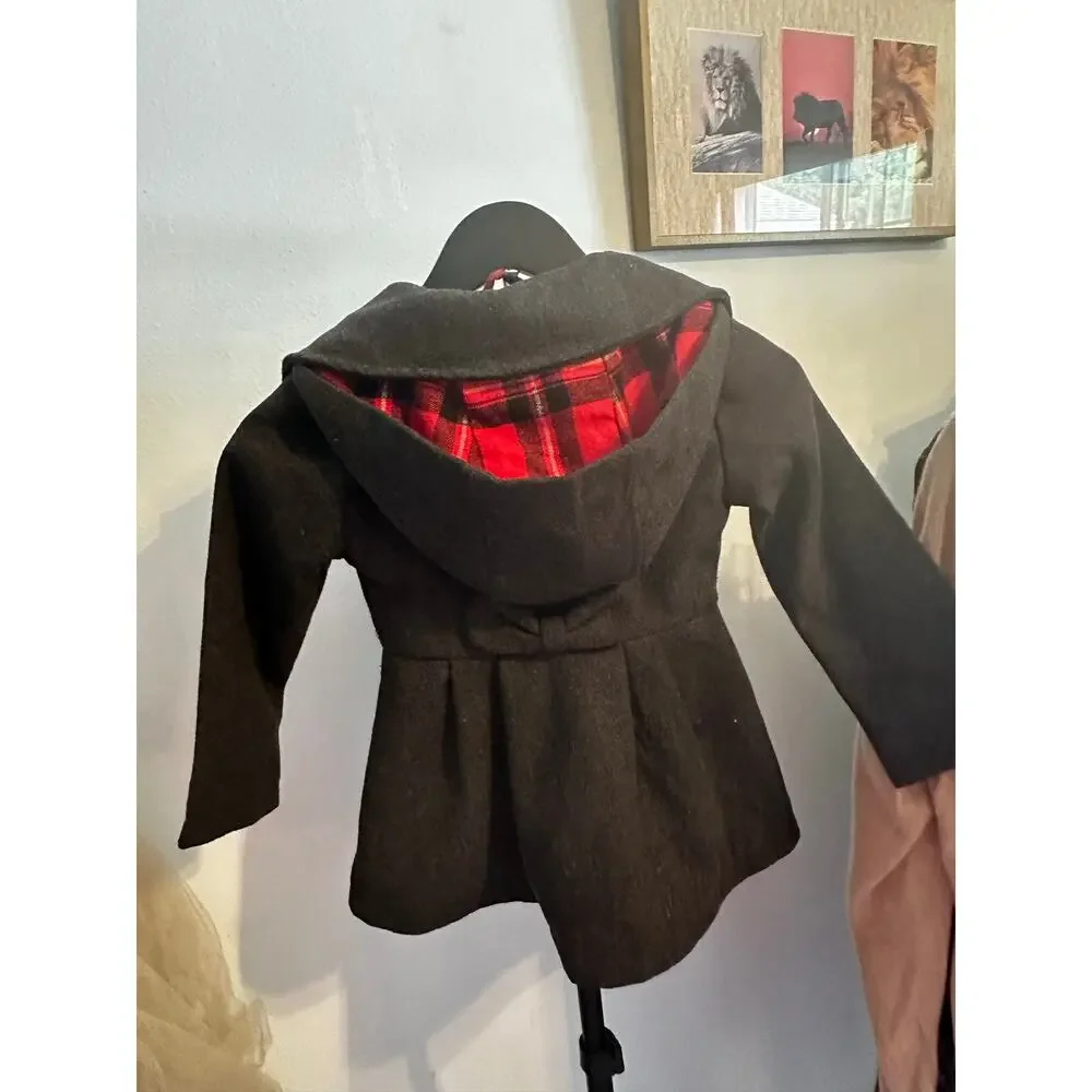 Pink Platinum Girls Charcoal Gray Ruffled Hooded Winter Coat Red Plaid Lining